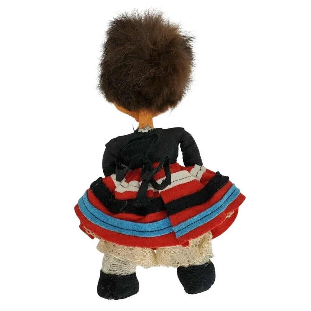Vintage 1950s Felt Doll 8.25” Kersa Style Black Dress with Lace Apron Rabbit Fur